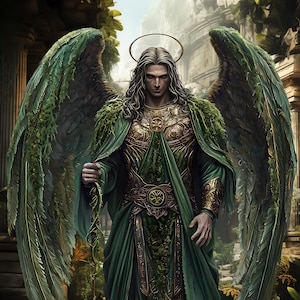 May include: A winged angel with green feathers and a halo stands in a forest setting. The angel is wearing a green robe with gold accents and a golden breastplate. The angel's face is serious and the angel's eyes are looking directly at the viewer.
