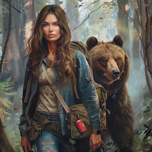 May include: A woman in a blue denim jacket and jeans stands in a forest with a brown bear behind her. She is wearing a brown leather belt with a utility pouch and a large backpack. The bear is looking at the camera.