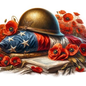 Op de afbeelding: Een gevouwen Amerikaanse vlag met een militaire helm erop. De vlag is omringd door rode klaprozen, een symbool van herinnering.