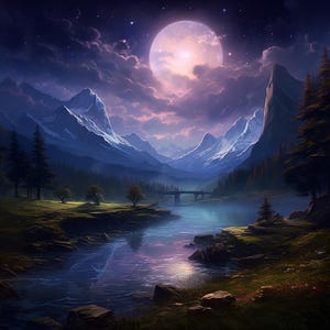 Puede incluir: Pintura digital de un paisaje montañoso a la luz de la luna. Una luna grande y brillante domina el cielo, proyectando un suave resplandor sobre las cumbres nevadas y un río tranquilo. La escena incluye un puente, árboles y un cielo estrellado.