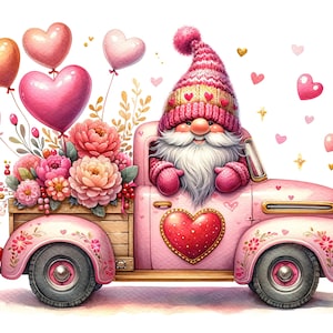 May include: A pink pickup truck with a gnome driver, carrying a bouquet of pink flowers and hearts. The truck is decorated with hearts and flowers.