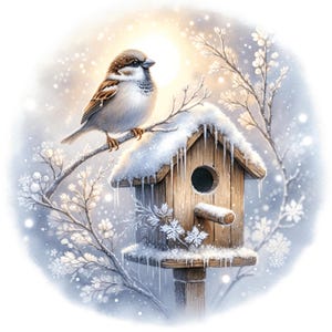 Puede incluir: Un gorrión marrón y blanco posado en una rama cubierta de nieve junto a una casa para pájaros de madera. El techo de la casa tiene nieve espesa y carámbanos colgantes. La escena se sitúa sobre un fondo invernal suave y brillante con copos.