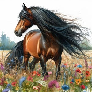Horse In Wildflowers 9 pdf directe digitale download geteld kruissteekpatroonhouder compatibel, afdruk kleurenkaart