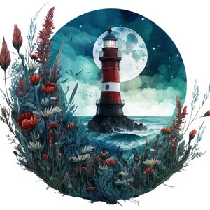 May include: A watercolor painting of a red and white lighthouse on a rocky shore with a full moon in the background. The lighthouse is surrounded by a circle of wildflowers, including red poppies and white daisies.