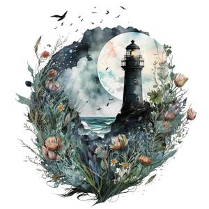 May include: A watercolor painting of a lighthouse on a rocky cliff with a full moon in the background. The lighthouse is surrounded by a wreath of flowers and greenery.