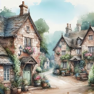Könnte beinhalten: Ein Aquarellgemälde, das zwei Steinhäuser mit üppigem Grün und Blumen zeigt. Die Häuser haben Schieferdächer und Fenster mit weißen Rahmen. Die Szene spielt in einem malerischen Dorf mit einer Kopfsteinpflasterstraße.