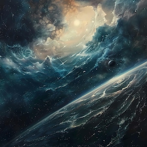 May include: A dark blue and black space scene with a planet in the foreground and a swirling cloud of gas in the background. The planet has a swirling pattern on its surface, and the gas cloud is illuminated by a bright star.