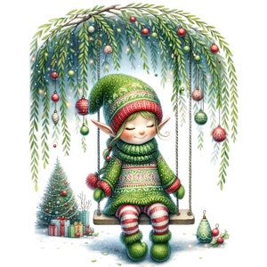 Puede incluir: Un duende verde con pantalones a rayas rojas y blancas se sienta en un columpio debajo de un sauce llorón verde decorado con adornos rojos y verdes. El duende lleva un suéter verde con un patrón de copo de nieve blanco y un gorro rojo y verde.