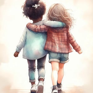 Könnte beinhalten: Aquarellillustration von zwei jungen Menschen, die mit verschlungenen Armen spazieren gehen. Einer trägt einen hellblauen Pullover, graue Hosen und weiße Turnschuhe. Der andere trägt eine rot karierte Jacke, Jeansshorts und schwarz-weiße Turnschuhe. Blumen schmücken das Haar der Person links.