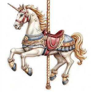 Patrón de punto de cruz contado de descarga digital instantánea en PDF de 2 caballos de carrusel con mitos de unicornios, compatible con el organizador, 18 ct BW, tabla de colores para imprimir