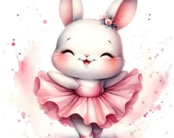 May include: A white bunny wearing a pink tutu and a flower crown. The bunny is smiling and has its arms outstretched. The background is a watercolor wash of pink and white.