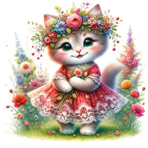 Puede incluir: Un gato de dibujos animados encantador con un vestido rojo con ribete de encaje blanco y una corona floral. El gato sostiene un ramo de flores y está rodeado de flores y vegetación coloridas. El gato tiene grandes ojos verdes y una dulce sonrisa.