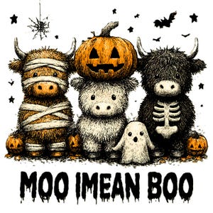 May include: A Halloween-themed graphic featuring three cartoon Highland cows. One is wrapped in bandages, another has a jack-o'-lantern on its head, and the third has a skeleton design. A ghost and pumpkins are also present, with the text "MOO I MEAN BOO".