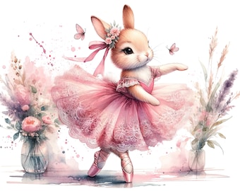 Può includere: Un dipinto ad acquerello di un coniglio vestito da ballerina. Il coniglio indossa un tutù rosa e scarpette da punta rosa. Il coniglio è circondato da fiori e farfalle.