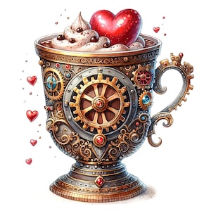 Pode incluir: Uma caneca de estilo steampunk com engrenagens intrincadas e detalhes dourados. A caneca está cheia de uma bebida de chocolate coberta com chantilly e um doce vermelho em forma de coração.