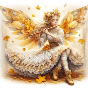 Puede incluir: Un hada con alas doradas y un vestido blanco de encaje toca la flauta. Está rodeada de hojas de otoño y lleva una corona de flores en la cabeza.