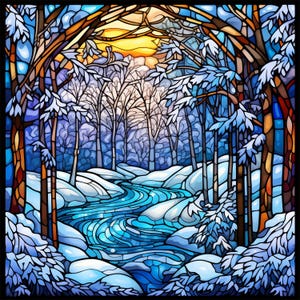Paisagem de vitral 47 pôr do sol paisagem de inverno PDF download digital instantâneo padrão de ponto cruz contado keeper compatível, impressão de gráfico