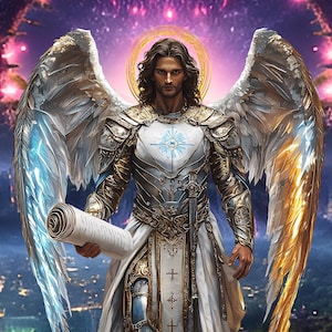 May include: A winged angel figure with long, flowing hair and a golden halo. The angel is wearing armor and a white robe, and is holding a scroll in their left hand. The angel is standing against a background of purple and pink fireworks.