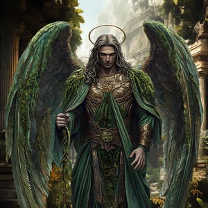 May include: A winged angel with long white hair and a green robe stands in a forest setting. The angel wears gold armor and a halo. The wings are covered in moss and feathers.