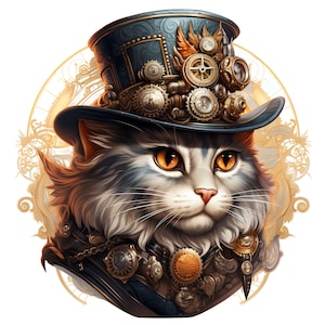 May include: A detailed illustration of a cat in a steampunk style. The cat has gray and white fur, orange eyes, and wears a top hat adorned with gears and clocks. It also has a vest with clockwork details, set against a gold-toned background.