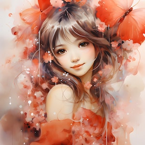 Pode incluir: Uma pintura em aquarela de uma jovem com cabelo castanho longo. Ela está vestindo um vestido vermelho e tem borboletas no cabelo. O fundo é rosa claro e branco.