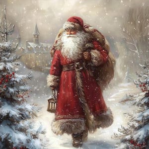 Op de afbeelding: Schilderij van de Kerstman die door een besneeuwd landschap loopt. Hij draagt een rode jas met bont, een bijpassende muts en draagt een zak over zijn schouder. Hij houdt een lantaarn in zijn hand, met een kasteel op de achtergrond.