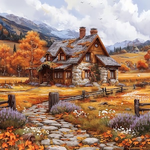 May include: A stone cottage with a wooden door and a brown roof sits in a valley surrounded by fall foliage. A stone path leads to the front door of the cottage.