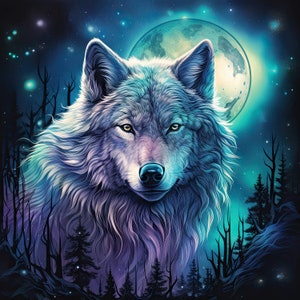 Könnte beinhalten: Digitale Illustration eines Wolfes vor einem Vollmond. Das Fell des Wolfes ist detailliert mit Blau-, Lila- und Weißtönen. Der Hintergrund zeigt einen Sternenhimmel und Baumsilhouetten.
