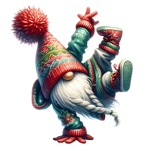 Puede incluir: Un gnomo festivo con un gorro de punto rojo y verde con un pompón blanco, un suéter verde y rojo y zapatos rojos y verdes. El gnomo está haciendo una parada de manos con su larga trenza blanca colgando.