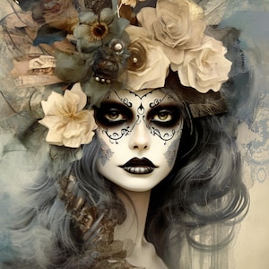 Puede incluir: Una mujer con cabello oscuro y rostro blanco lleva un diseño de maquillaje de calavera de azúcar negro y blanco. Lleva una gran diadema floral con flores beige y marrones. El fondo es un suave lavado de acuarela en beige y azul.