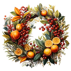 May include: A festive wreath made of green leaves, red berries, and orange citrus fruits. The wreath is decorated with small white flowers and has a rustic, natural feel.