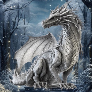 Dragão da floresta branca grande tamanho médio padrão compatível PDF download digital instantâneo fantasia 18ct BW impressão de padrão colorido