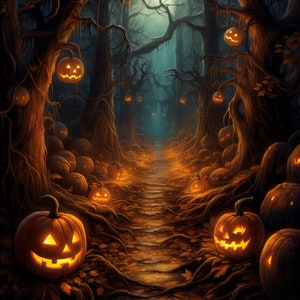 May include: A spooky path lined with glowing jack-o'-lanterns leads through a dark, misty forest. The path is illuminated by the orange glow of the pumpkins, creating a haunting and festive atmosphere.