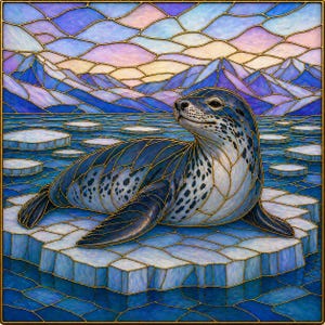 May include: A stained glass artwork depicting a seal resting on an iceberg. The seal is blue with white spots, and the background features mountains, ice floes, and a colorful sky. The artwork is framed with a gold border.