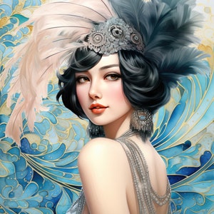 Hermoso patrón art déco de Flapper, compatible con PDF, descarga digital instantánea, punto de cruz contado, impresión a color en blanco y negro de 18 ct.