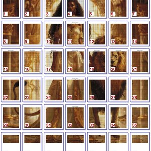 May include: A digital painting of a woman with long, dark hair and a golden crown. She is wearing a white dress and standing in front of a golden lion. The painting is divided into 42 squares, each showing a different part of the image.