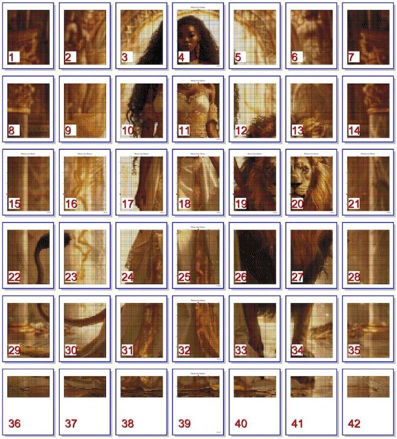 May include: A digital painting of a woman with long, dark hair and a golden crown. She is wearing a white dress and standing in front of a golden lion. The painting is divided into 42 squares, each showing a different part of the image.