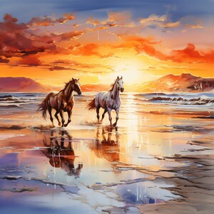 May include: Two horses run along a sandy beach at sunset. The horse on the left is brown, and the horse on the right is white. The sky is a vibrant orange and pink.