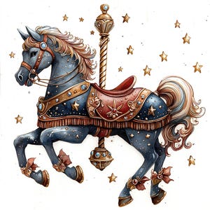 Patrón de punto de cruz contado de descarga digital instantánea en PDF de 16 caballos de carrusel, compatible con el organizador, 18 ct BW, impresión de carta de colores