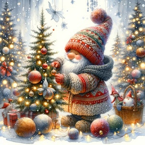 May include: A gnome wearing a red and white knitted hat and sweater decorates a Christmas tree with red and gold ornaments. The gnome is standing on a snowy surface with other Christmas trees in the background.