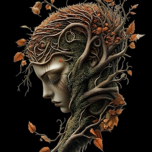 May include: A digital art illustration of a woman's face with a tree growing out of her head. The tree has brown branches and green moss, and there are orange leaves falling from the branches.