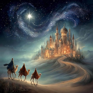Può includere: Una rappresentazione artistica di un cielo notturno stellato con una stella luminosa che illumina un maestoso castello. Tre figure su cammelli viaggiano verso il castello, creando una scena di meraviglia e fantasia. Il castello è illuminato da luci calde.