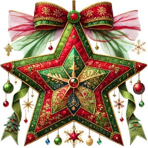 May include: A large, red, green, and gold star-shaped ornament with a red bow and ribbon. The star is decorated with intricate patterns and has a jewel-toned center.