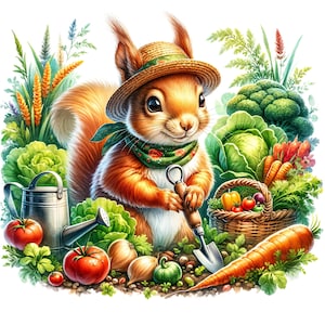 May include: A red squirrel wearing a straw hat and a green scarf is gardening. The squirrel is holding a small shovel and is surrounded by vegetables, including carrots, tomatoes, and onions.
