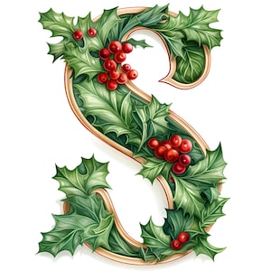 May include: A gold-colored letter S decorated with green holly leaves and red berries.