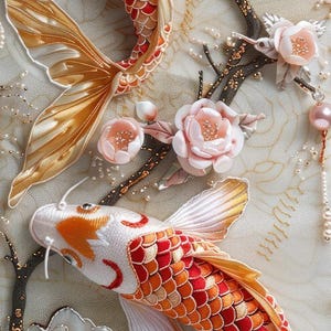 May include: Two embroidered koi fish with orange and red scales, white bodies, and gold accents, swimming amongst white and pink fabric flowers and pearl-like beads.