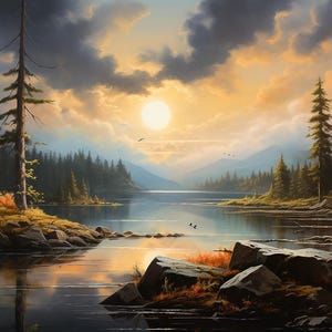 Puede incluir: Una pintura de paisaje que representa un lago rodeado de un bosque de pinos. El sol se pone detrás de las montañas en la distancia, proyectando un cálido resplandor sobre el agua.