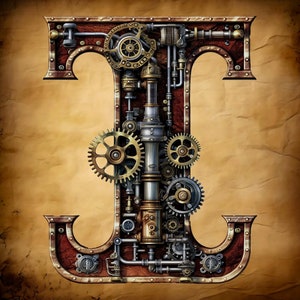 Alfabeto steampunk com letra I, tamanho grande, compatível com PDF, download digital instantâneo, impressão colorida em preto e branco de 18 quilates