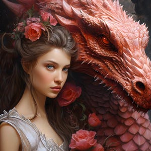 Pode incluir: Uma mulher com cabelo castanho comprido e olhos azuis está vestindo um vestido branco e uma coroa de rosas cor-de-rosa. Ela está de pé ao lado de um grande dragão vermelho com um olho vermelho. A cabeça do dragão está perto da cabeça da mulher, e suas escamas são visíveis.