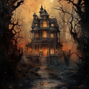 Spookachtig spookhuis Halloween-scène heksen verblijfplaats 5, pdf instant digitale download, geteld kruissteekpatroon, kaart compatibel met houder